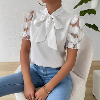 Damen Bluse – Regular Fit – Chiffonoptik – Puffärmel mit Applikationen – Schleifenkragen