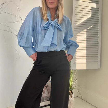 Damen Bluse – Lockerer Schnitt – Schleifenkragen – Puffärmel – Leichte Baumwolle