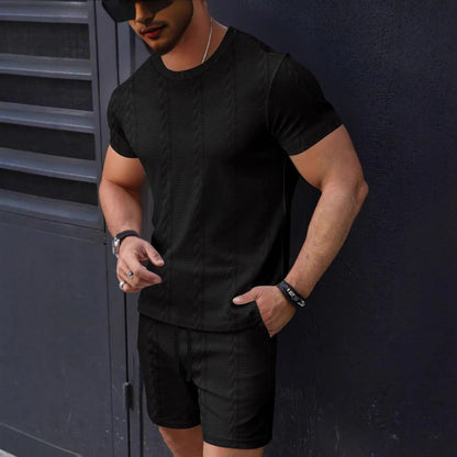 Herren T-Shirt und Shorts Set – Strukturstrick – Regular Fit – Rundhals – Kordelzug