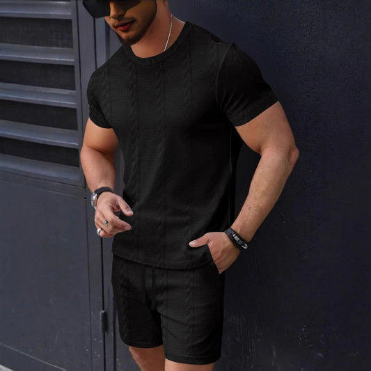 Herren T-Shirt und Shorts Set – Strukturstrick – Regular Fit – Rundhals – Kordelzug