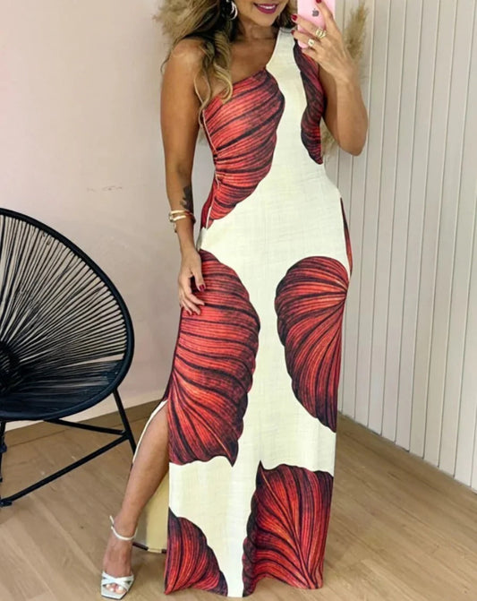 Damen Maxikleid – Slim Fit – Leaf Print – Ärmellos – Hoher Ausschnitt – Schlitz