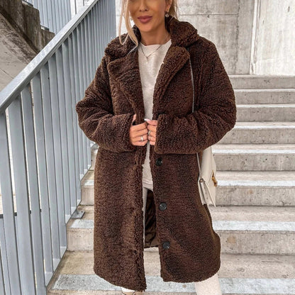 Damen Mantel – Oversize Passform – Teddyfleece – Reverskragen – Knopfverschluss