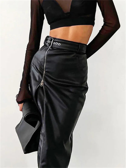 Women’s Pencil Skirt - High Waist - Faux Leather - Front Zipper - Midi Length Fit