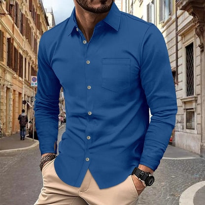 Herren Langarmhemd – Slim Fit – Atmungsaktiv – Knopfleiste mit Brusttasche