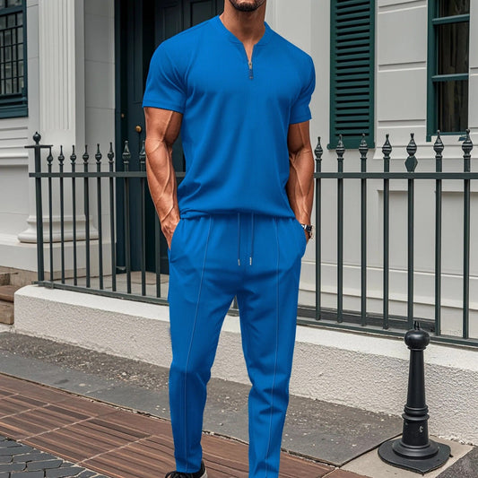 Herren Fitness Anzug – Slim Fit – Atmungsaktiv – Kurzarm Top mit Reißverschluss – Elastische Hose