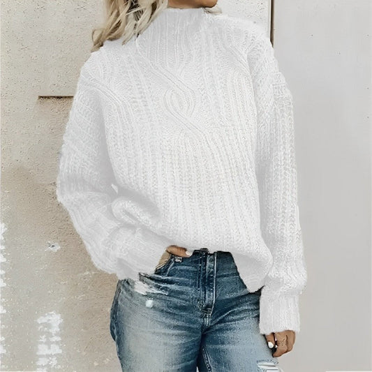 Damen Pullover – Oversize Passform – Wollmix – Zopfmuster – Hoher Kragen