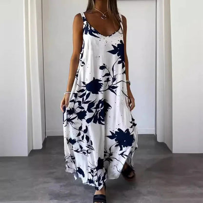 Damen Maxikleid – Lockere Passform – Tiefer V-Ausschnitt – Florales Muster – Luftiges Material
