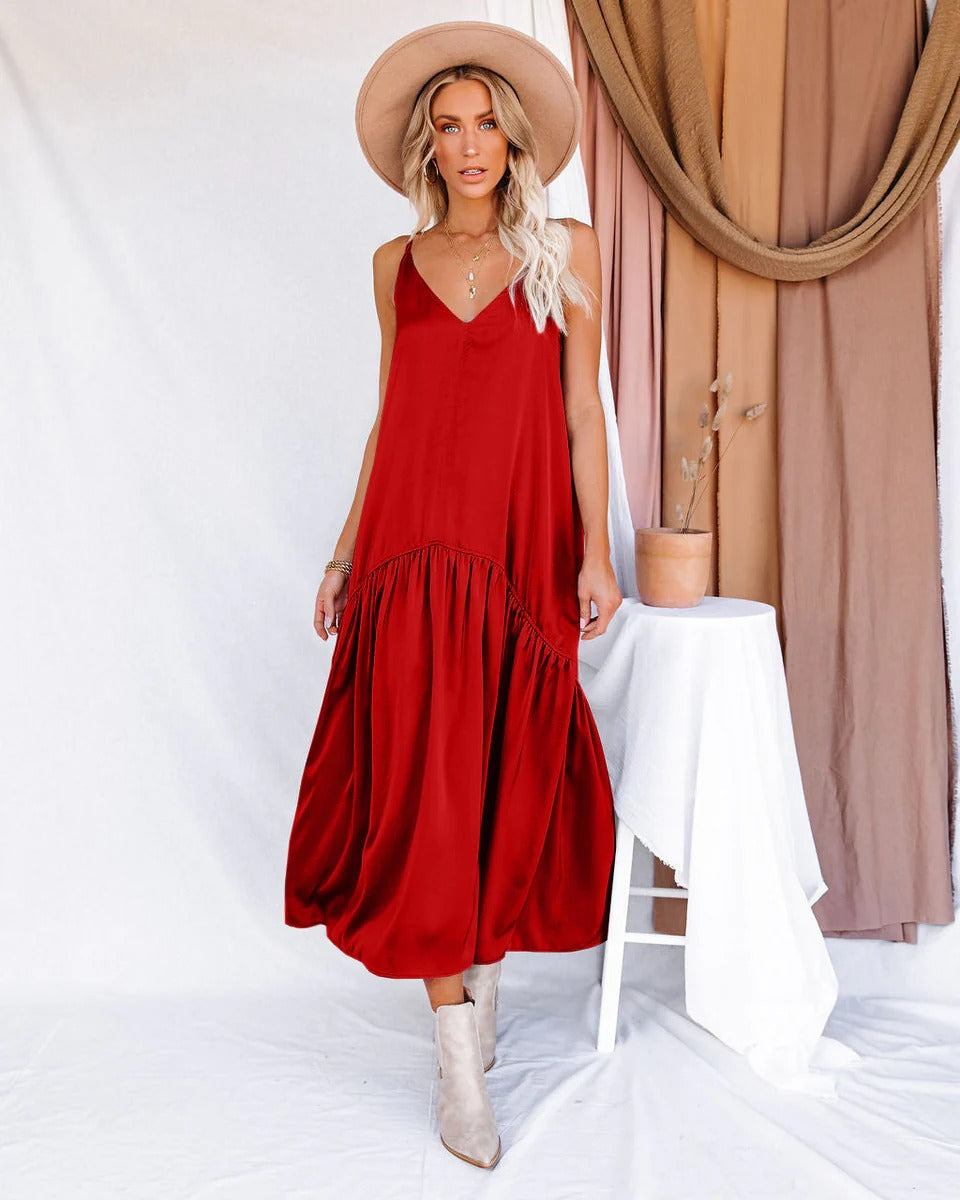 Damen Maxikleid – Fließender Schnitt – V-Ausschnitt – Rüschensaum – Seidenähnlich