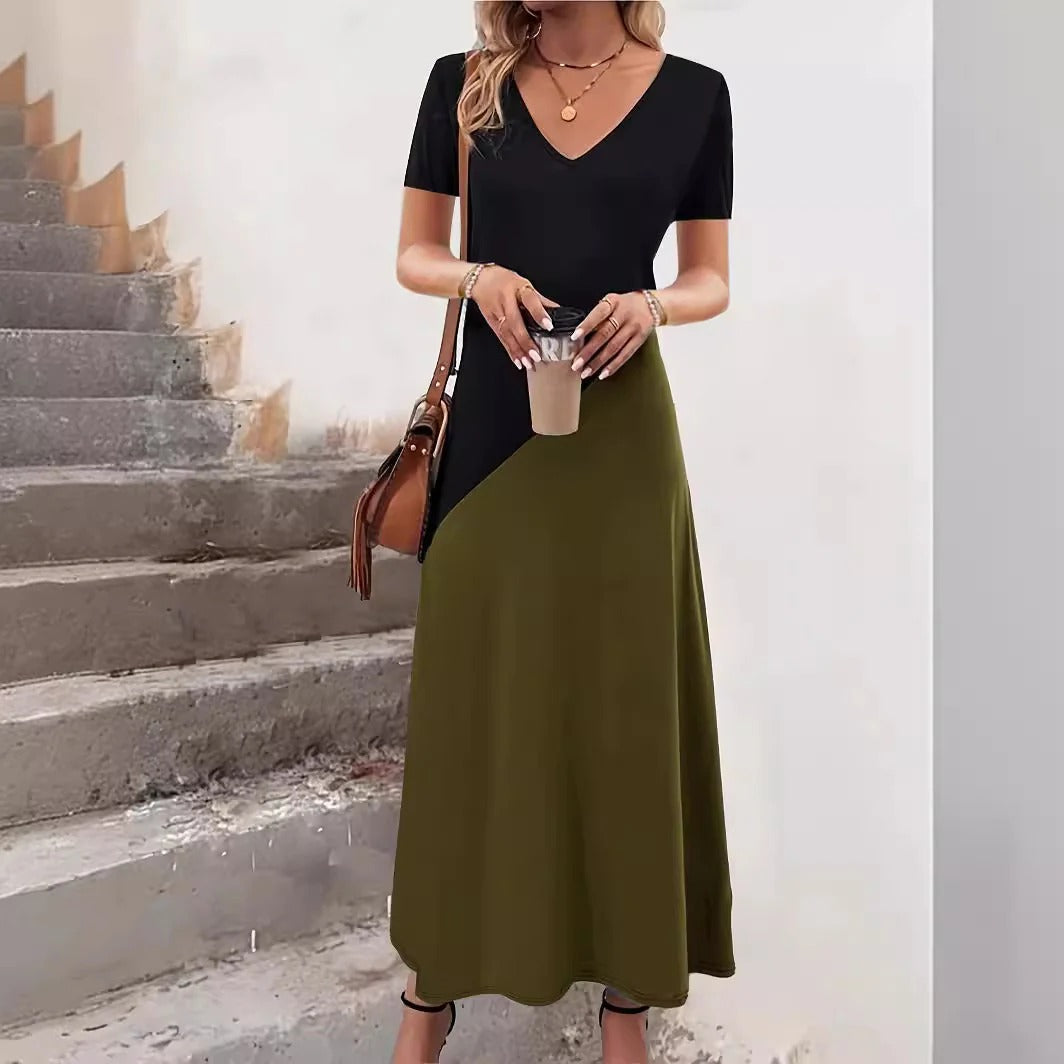 Damen Maxikleid – V-Ausschnitt – Kurzarm – Figurbetontes Oberteil – Colorblock Design