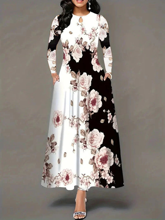 Damen Maxikleid – A-Linie – Florales Muster – Lange Ärmel – Keyhole-Ausschnitt – Mit Taschen