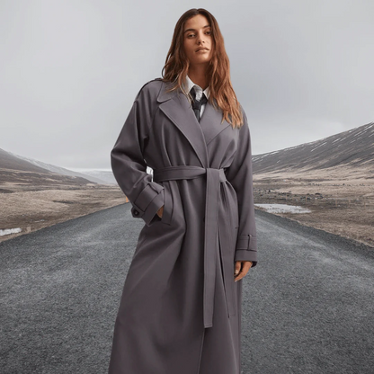 Damen Trenchcoat – Wollmix – Lockerer Schnitt – Knöchellang – Bindegürtel