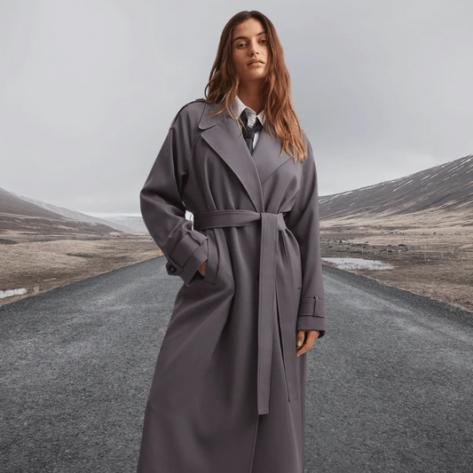 Damen Trenchcoat – Wollmix – Lockerer Schnitt – Knöchellang – Bindegürtel