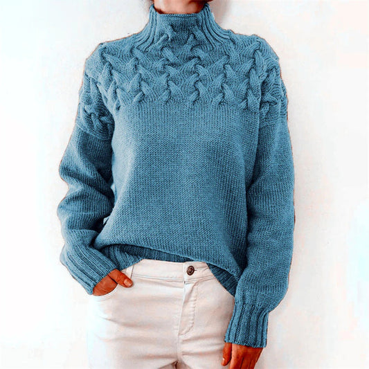 Damen Rollkragenpullover – Wollmix – Lockerer Schnitt – Grobstrick Zopfmuster