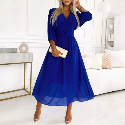 Damen Maxikleid – V-Ausschnitt – Lange Ärmel – Fließender Schnitt – Luxusstoff