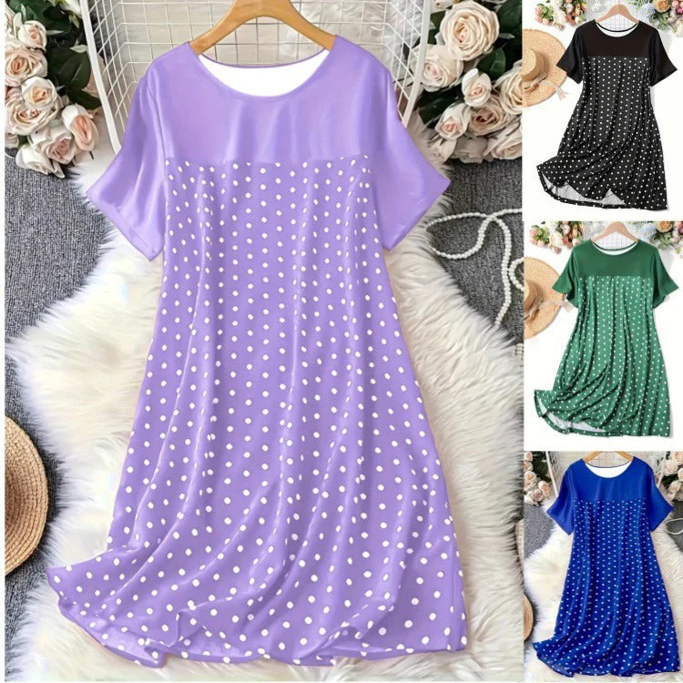 Damen A-Linienkleid – Polka Dots – Knielang – Kurzarm – Leichter Stoff – Casual Fit