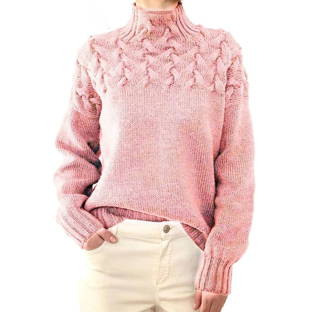 Damen Rollkragenpullover – Wollmix – Lockerer Schnitt – Grobstrick Zopfmuster