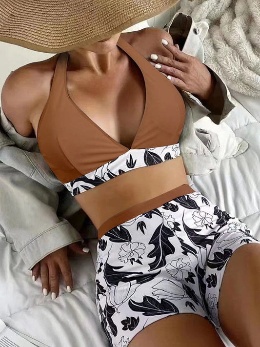 Damen Bikini Set – Halter Top – High Waist Shorts – Florales Muster – Stretch Stoff