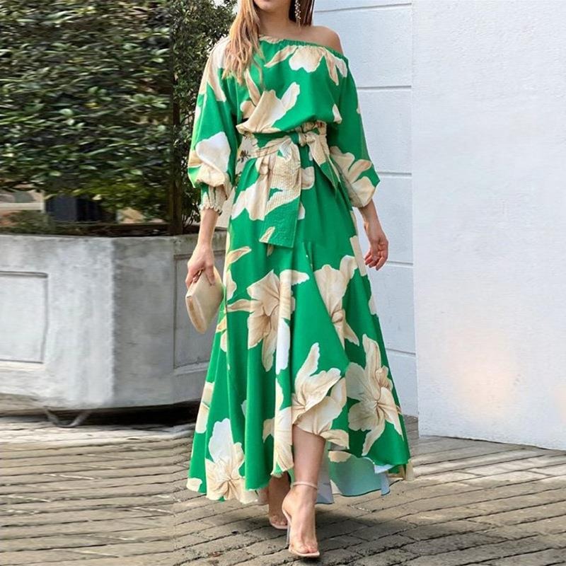 Damen Maxikleid – Lockerer Schnitt – Puffärmel – Asymmetrischer Saum – Taillengürtel