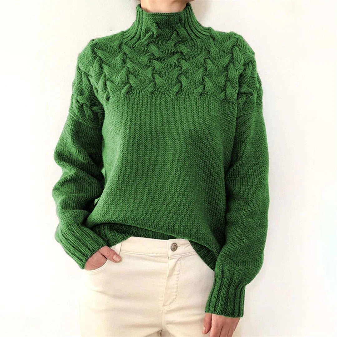 Damen Rollkragenpullover – Wollmix – Lockerer Schnitt – Grobstrick Zopfmuster