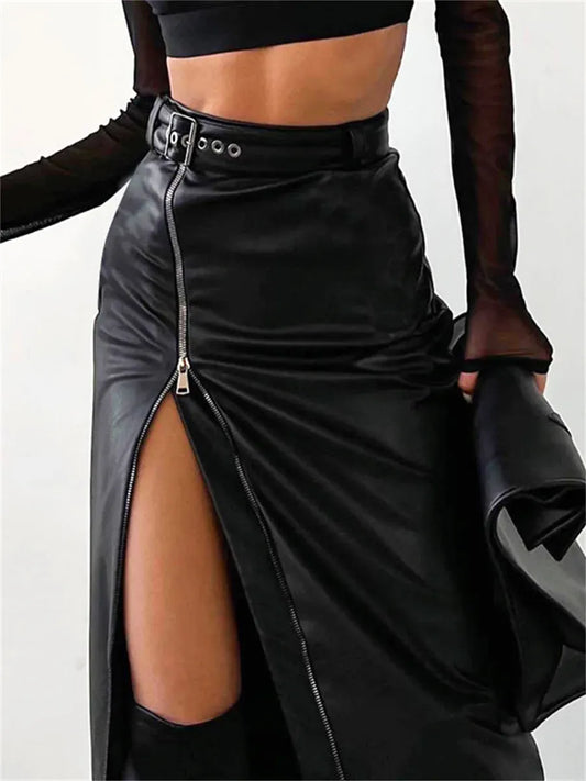 Women’s Pencil Skirt - High Waist - Faux Leather - Front Zipper - Midi Length Fit