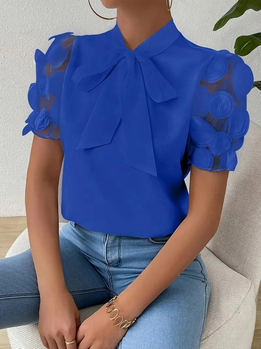 Damen Bluse – Regular Fit – Chiffonoptik – Puffärmel mit Applikationen – Schleifenkragen
