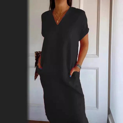 Damen Maxikleid – Lockerer Schnitt – V-Ausschnitt – Kurzarm – Mit Taschen – Baumwollgefühl