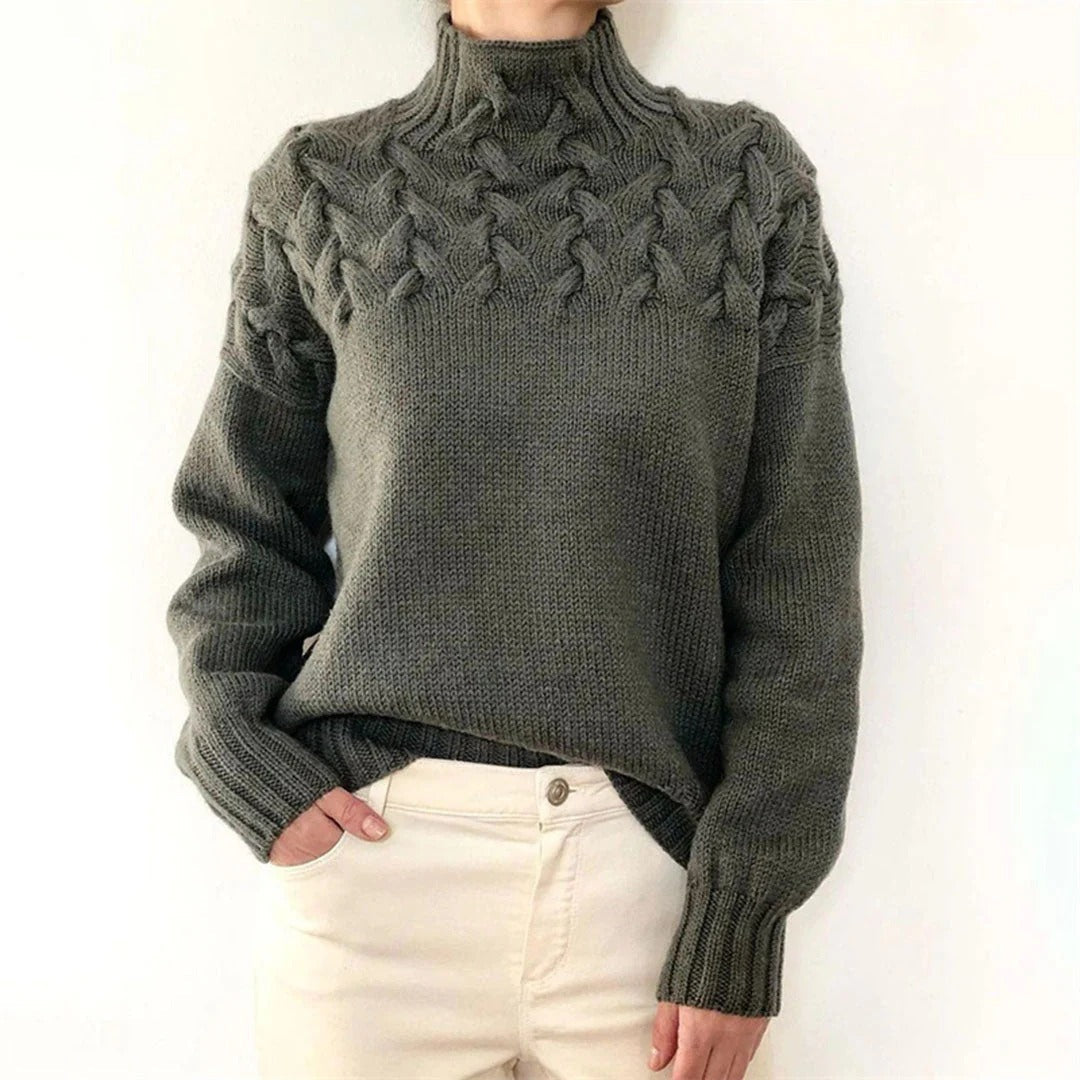 Damen Rollkragenpullover – Wollmix – Lockerer Schnitt – Grobstrick Zopfmuster