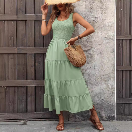 Damen Trägerkleid – A-Linien Schnitt – Smock-Oberteil – Plissierter Stufenrock