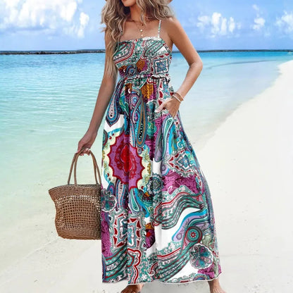 Damen Maxikleid – Baumwollmix – Lockere Passform – Spaghettiträger – Rückenfrei