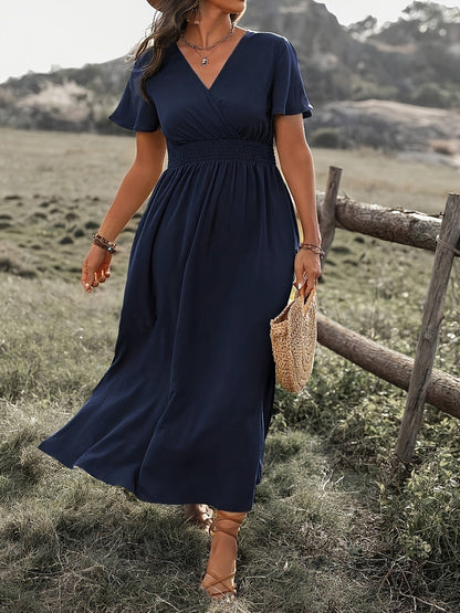 Damen Maxikleid – Schlanke Passform – V-Ausschnitt – Trompetenärmel – Schlitzsaum