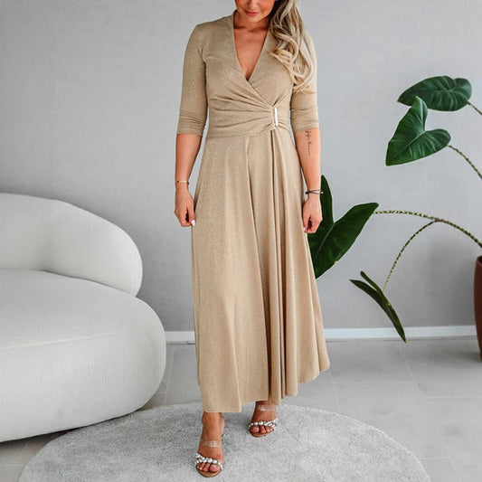 Damen Maxikleid – Fit-and-Flare – V-Ausschnitt Wickelstil – Elegante 3/4-Ärmel