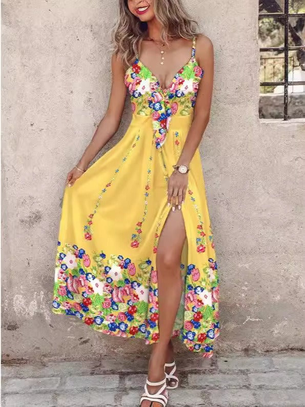 Damen Maxikleid – A-Linien Schnitt – Spaghettiträger – V-Ausschnitt – Blumenmuster – Gehschlitz