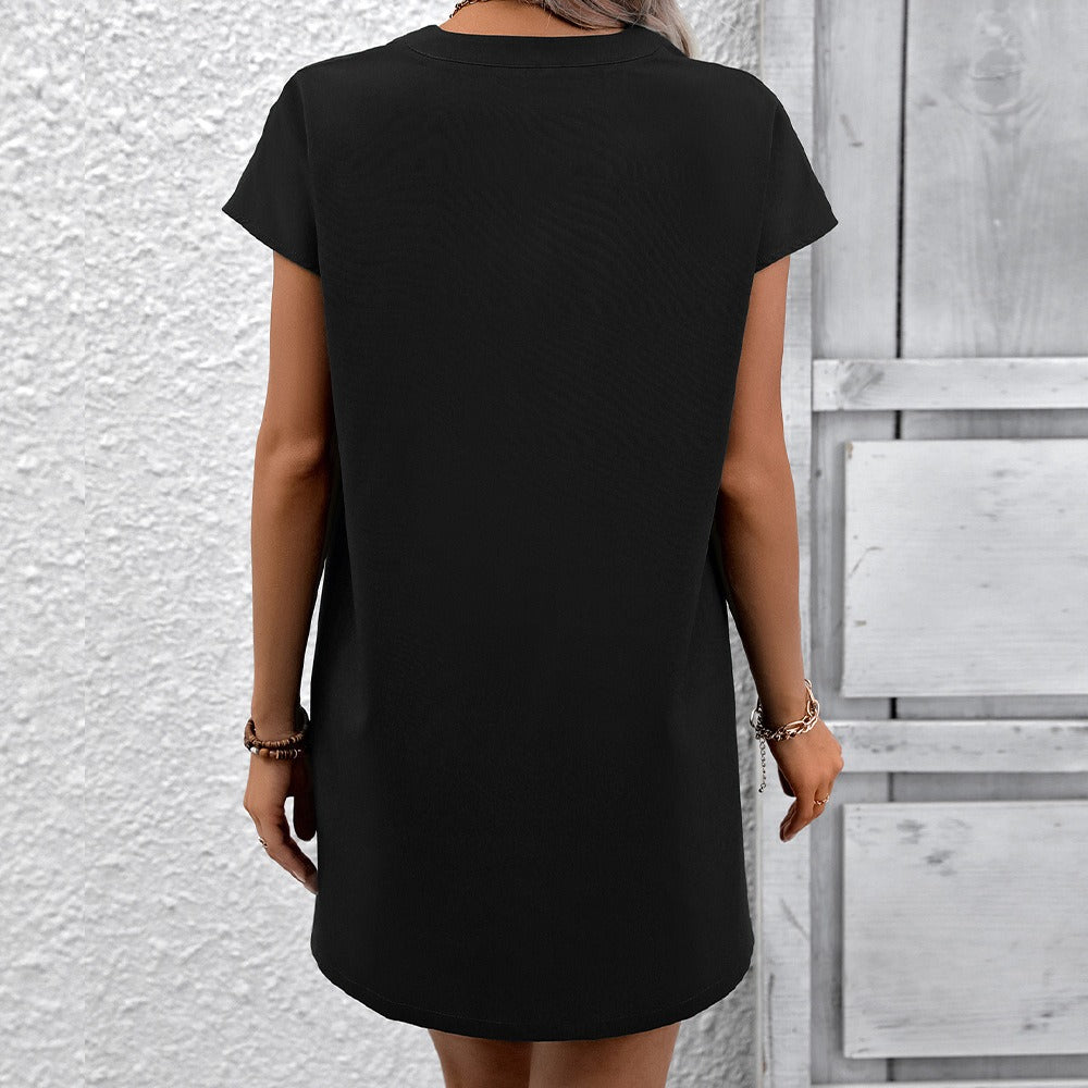 Damen Shirtkleid – Lockere Passform – V-Ausschnitt – Kurzarm – Baumwollgefühl – Abstrakter Print