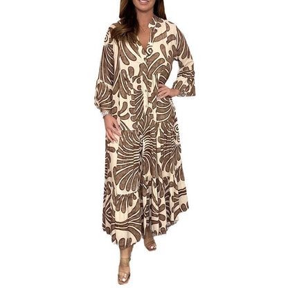 Damen Midikleid – Lockerer Schnitt – V-Ausschnitt – Falten – Bedruckt – 3/4-Arm