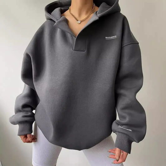 Damen Hoodie – Oversized Fit – Fleecegefüttert – V-Ausschnitt – Rippbündchen