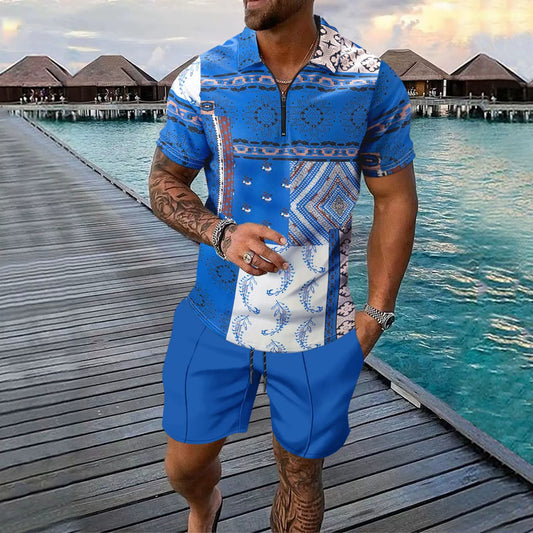 Herren Freizeitset – Slim Fit Zip Poloshirt & Knie-Shorts – Digitaldruck Baumwolle