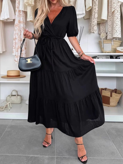 Damen Maxikleid – V-Ausschnitt Wickelstil – A-Linienform – Puffärmel – Taillengürtel