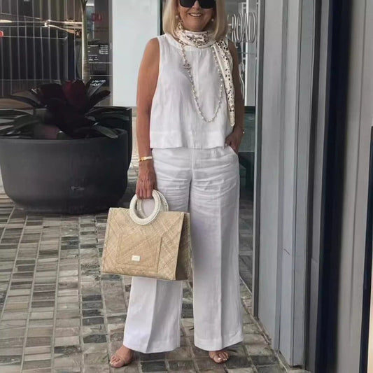 Damen Anzug Set ärmellos – Luftiger Schnitt – Linnen Baumwollmix – Weite Hose