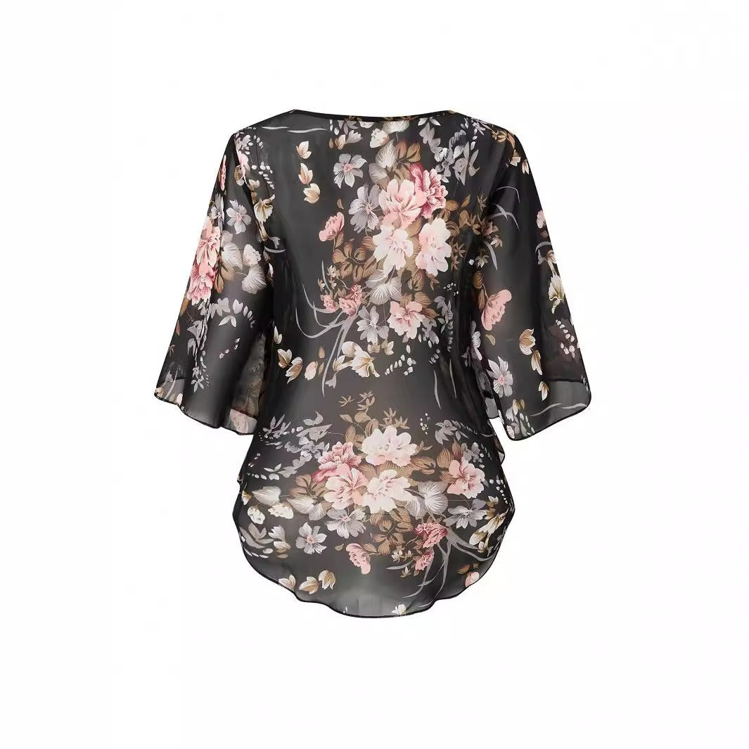 Damen Bluse – Luftiger Chiffon – Lockere Passform – Florales Muster – Asymmetrischer Schnitt
