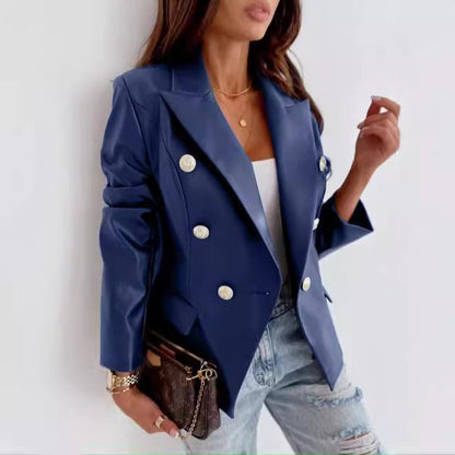 Damen Blazer – Taillierter Schnitt – Kunstleder-Optik – Doppelreihig – Strukturierte Schultern