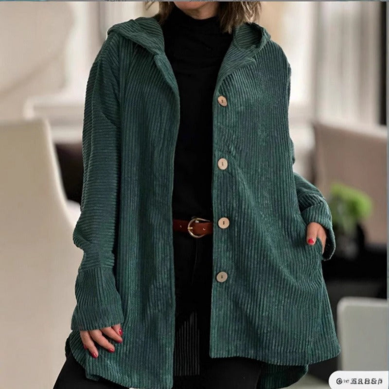 Damen Freizeitjacke – Cordstoff – Lockerer Schnitt – Kapuze – Knopfverschluss