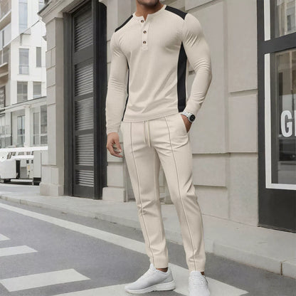 Herren Zweiteiler Set – Slim Fit Henley Shirt und Hose – Waffelstruktur – Knopfleiste