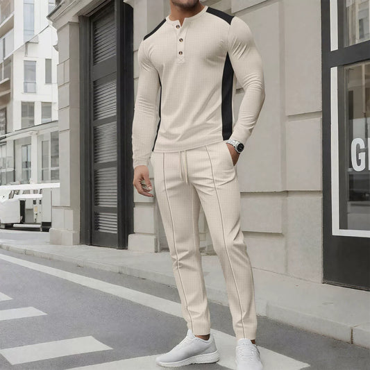Herren Zweiteiler Set – Slim Fit Henley Shirt und Hose – Waffelstruktur – Knopfleiste