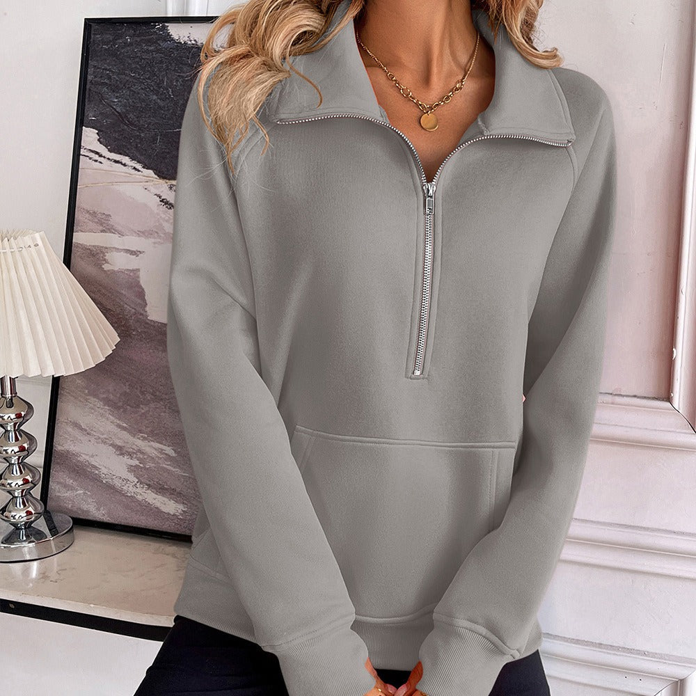 Damen Sweatshirt – Relaxed Fit – Baumwollmischung – Halb-Zip mit Stehkragen – Kängurutasche