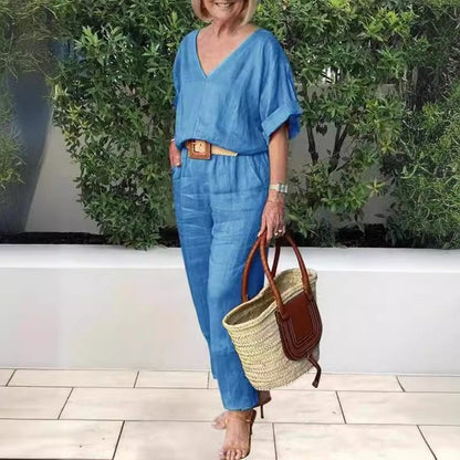 Damen Lounge Set – V-Ausschnitt Top und Tapered Hose – Linnen – Lockere Passform