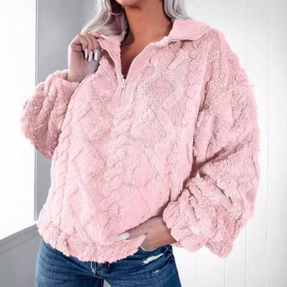 Damen Pullover Sweatshirt – Fleece – Oversize Passform – Half Zip Stehkragen