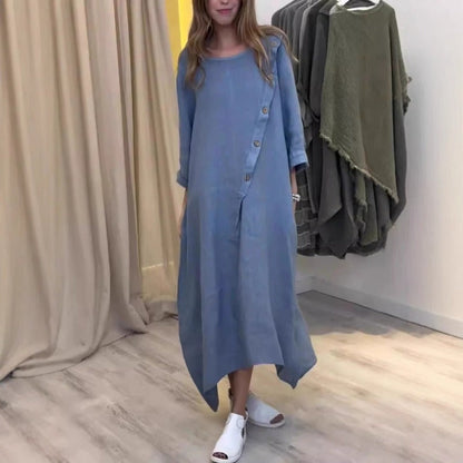 Damen Maxikleid – Lockerer Schnitt – Langarm – Asymmetrischer Saum – Baumwolle Linnen