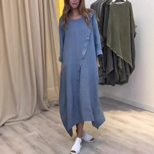 Damen Maxikleid – Lockerer Schnitt – Langarm – Asymmetrischer Saum – Baumwolle Linnen