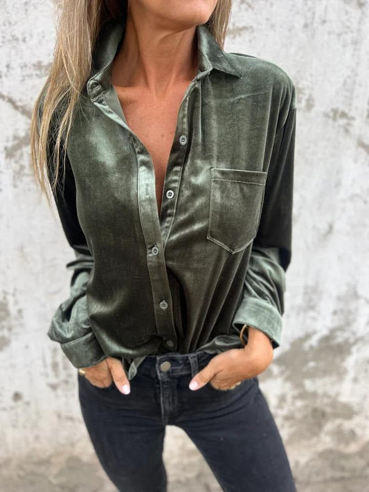 Damen Shirt – Lockerer Schnitt – Velvet – Langarm – Single-Breasted mit Tasche