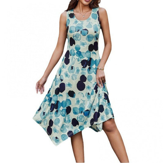Damen Midikleid – Baumwollmischung – Ärmellos – A-Linie – Asymmetrischer Saum – Abstraktes Muster